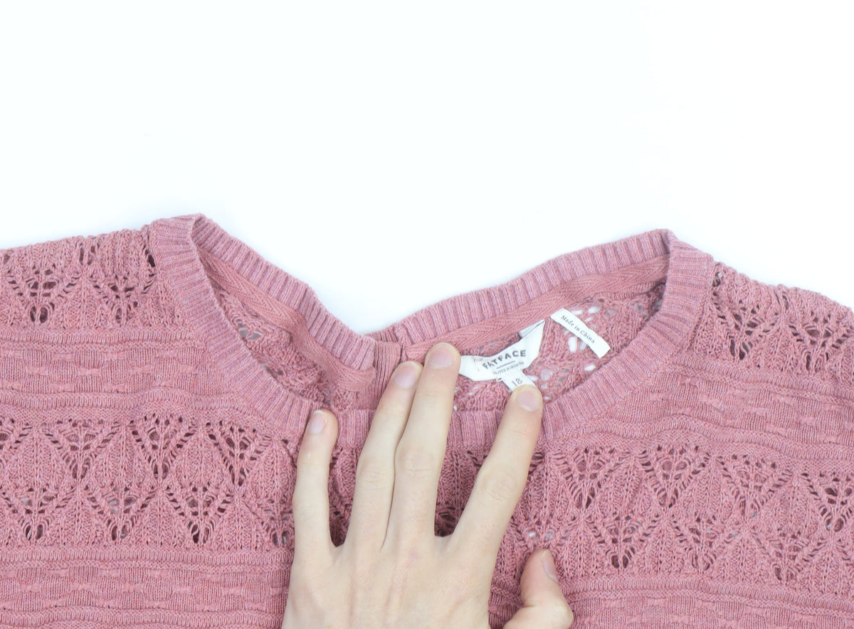 FatFace Women's Pink Open-Knit 3/4 Sleeve Cotton Cardigan Size 12