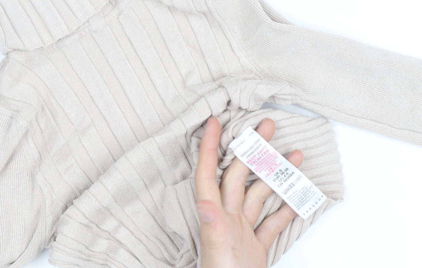 Topshop Women Beige Roll Neck Ribbed Slim Fit Jumper Size 8