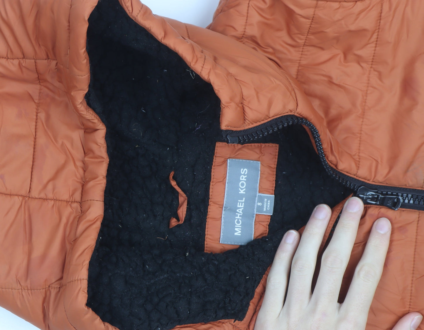 Michael Kors Women’s Orange Puffer Jacket Size 8 Hooded Zip Winter Coat
