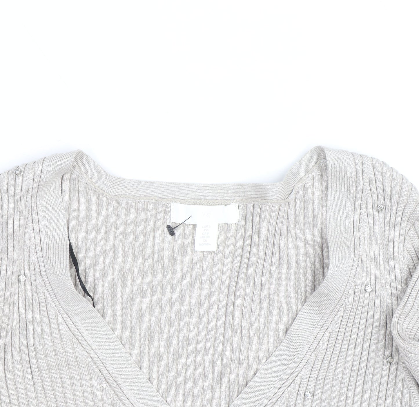 H&M Women’s Beige Beaded Ribbed V-Neck Cardigan Size M