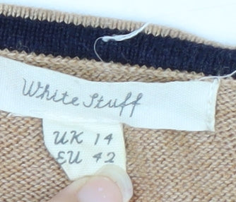 White Stuff Women Beige Cotton Blend Relaxed Fit Crew Neck Jumper Size 14