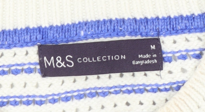 Marks and Spencer Women's Blue Striped Crew Neck Cotton Jumper M