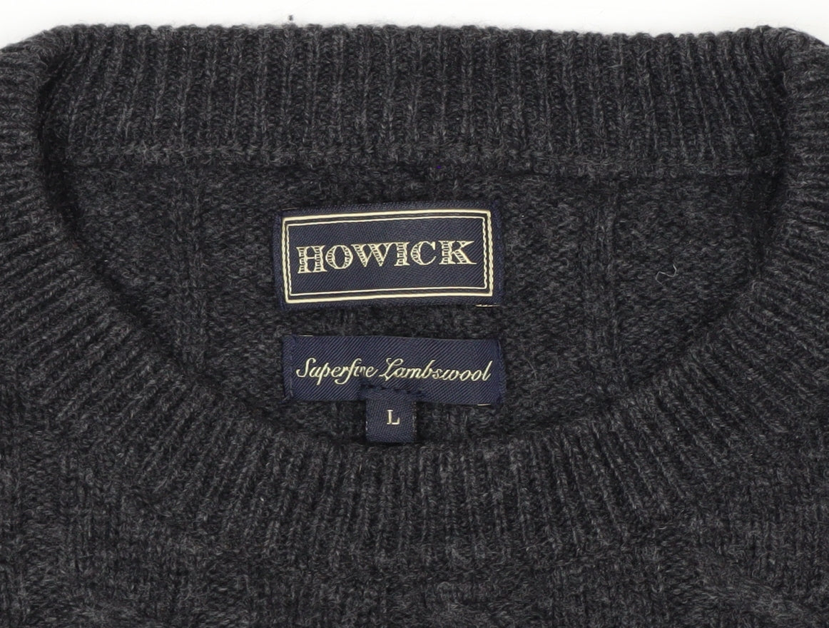 Howick Men’s Grey Lambswool Cable Knit Crew Neck Jumper L