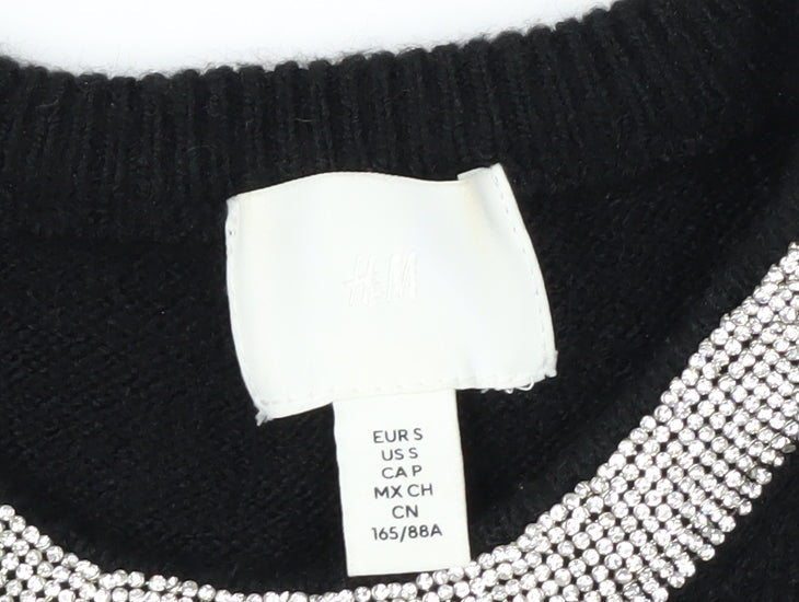H&M Women's Black Rhinestone Crew Neck Long Sleeve Jumper Size 10