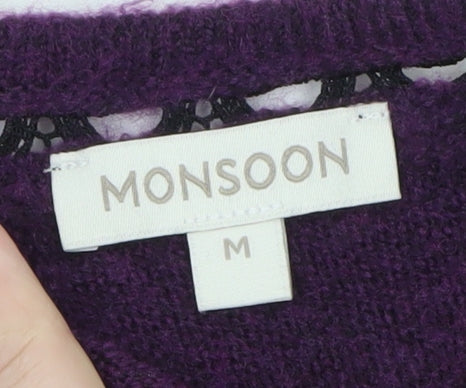 Monsoon Women’s Purple Wool V-Neck Lace Trim Jumper M
