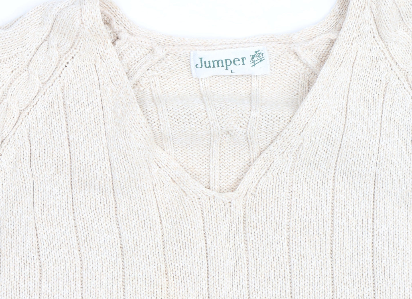 Jumper Men's Beige Cotton V-Neck Cable-Knit Pullover L
