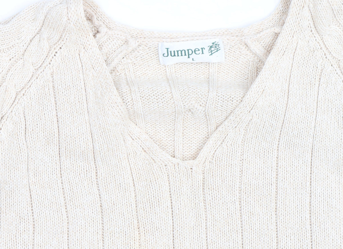 Jumper Men's Beige Cotton V-Neck Cable-Knit Pullover L