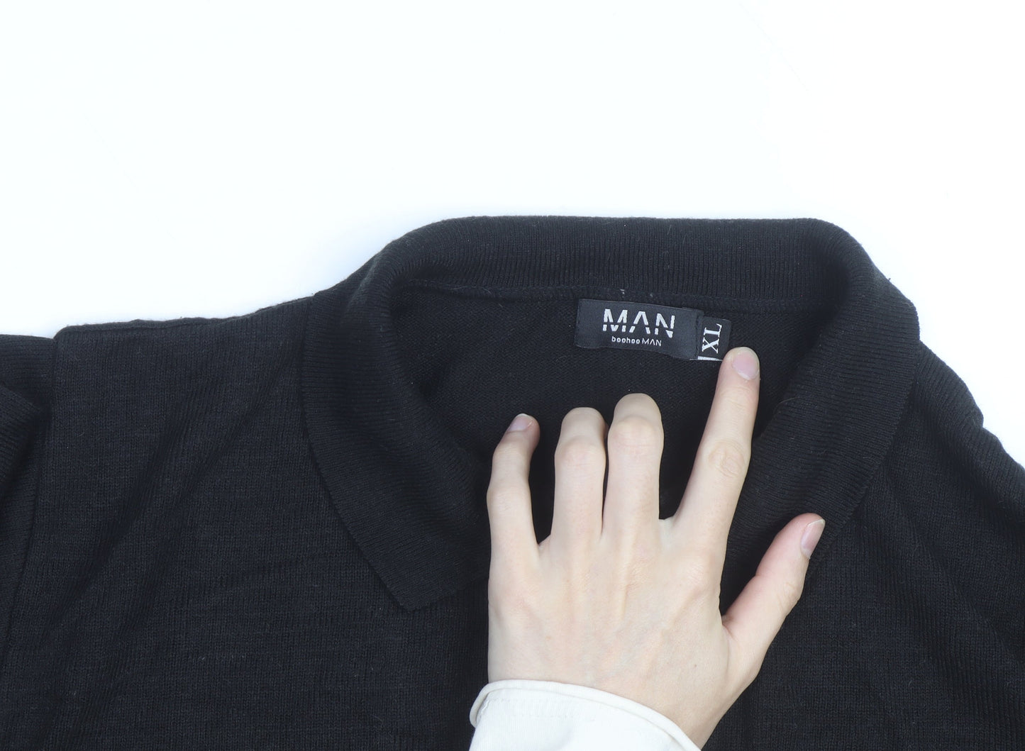 BoohooMAN Men's Black XL Long Sleeve Collared Knit Polo Shirt