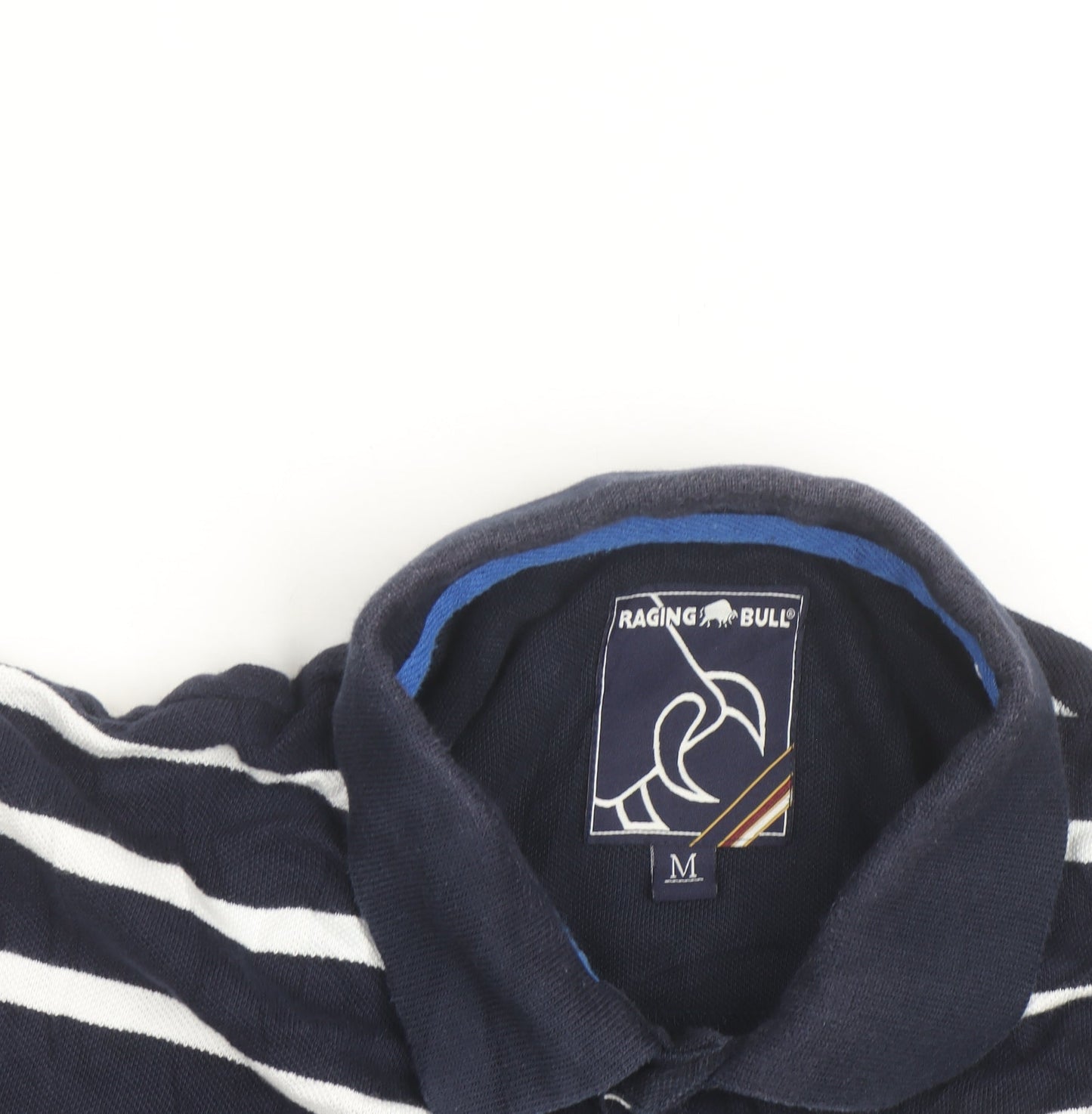 Raging Bull Men's Navy Blue Striped Cotton Polo Shirt Size M
