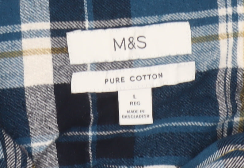 Marks and Spencer Men's Blue Plaid Flannel Cotton Long Sleeve Button-Up Shirt L Regular