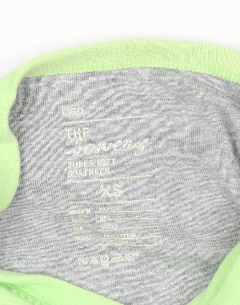 Gap Women's Grey and Green Boat Neck Long Sleeve T-Shirt XS