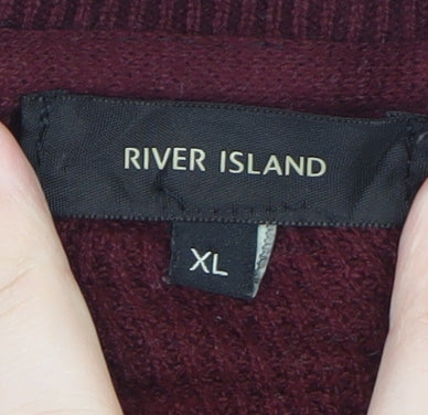 River Island Men's Red Waffle Full Zip Jumper XL