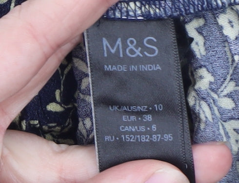 Marks and Spencer Women's Blue Floral Short Sleeve High Neck Blouse Size 10