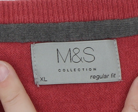 Marks and Spencer Mens Red Wool Cashmere V-Neck Jumper XL Regular Fit