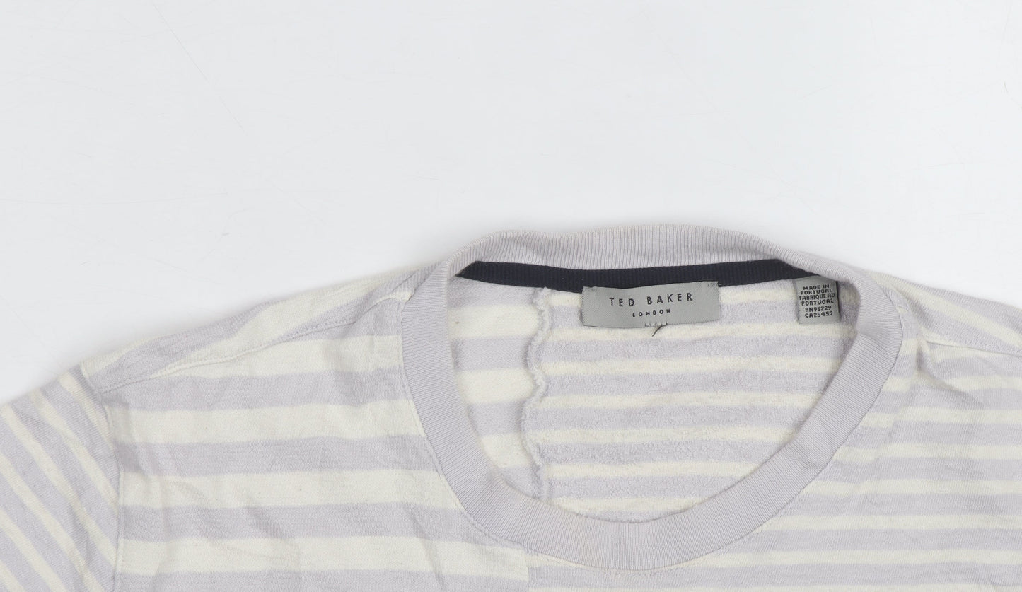 Ted Baker Women Grey Striped Cotton Crew Neck T-Shirt Size L