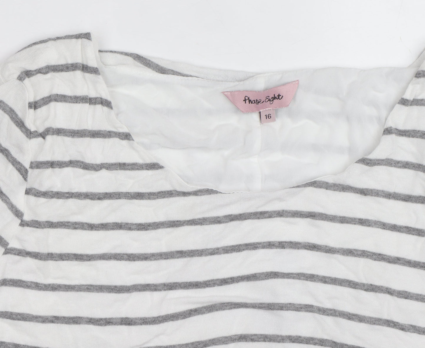 Phase Eight Women's White Grey Striped Long Sleeve Cotton Modal Top Size 16
