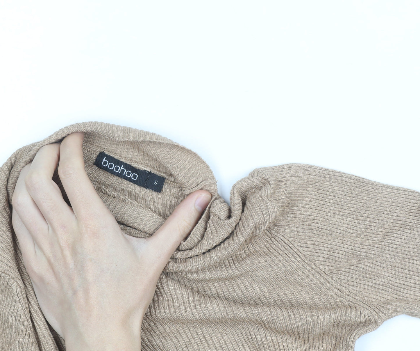 Boohoo Women Beige Mock Neck Ribbed Knit Long Sleeve Jumper S