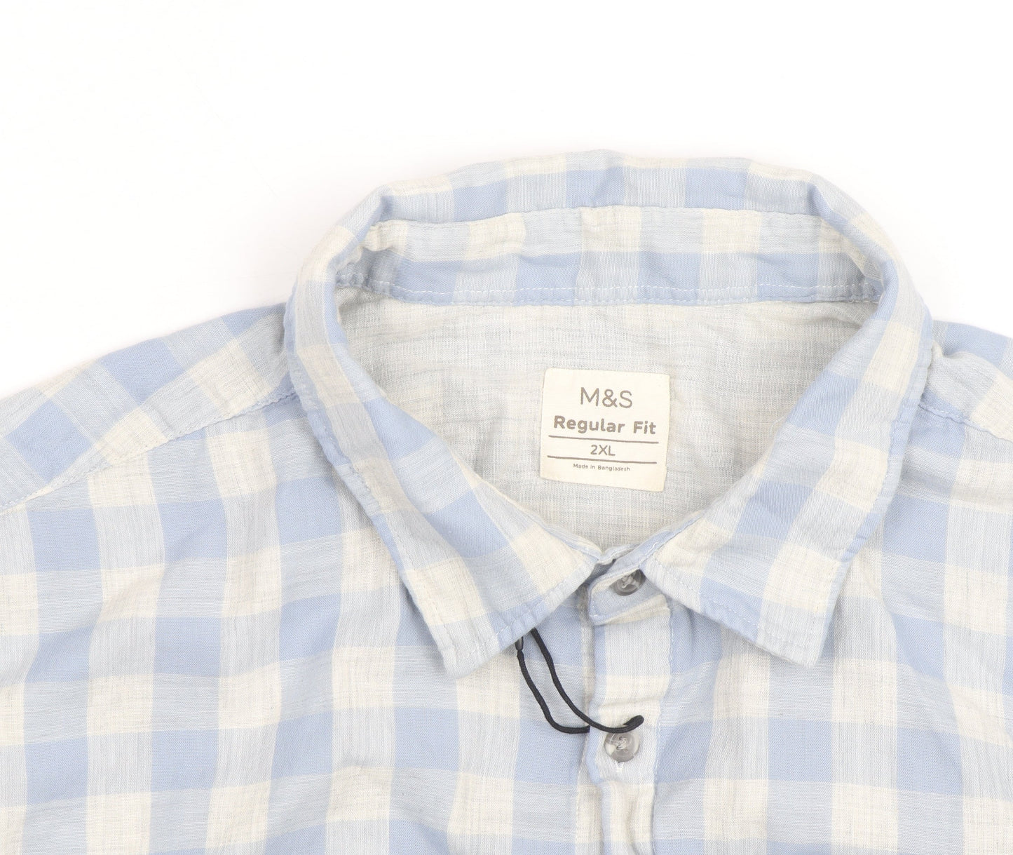 Marks and Spencer Men's Blue Check Regular Fit 2XL Long Sleeve Shirt