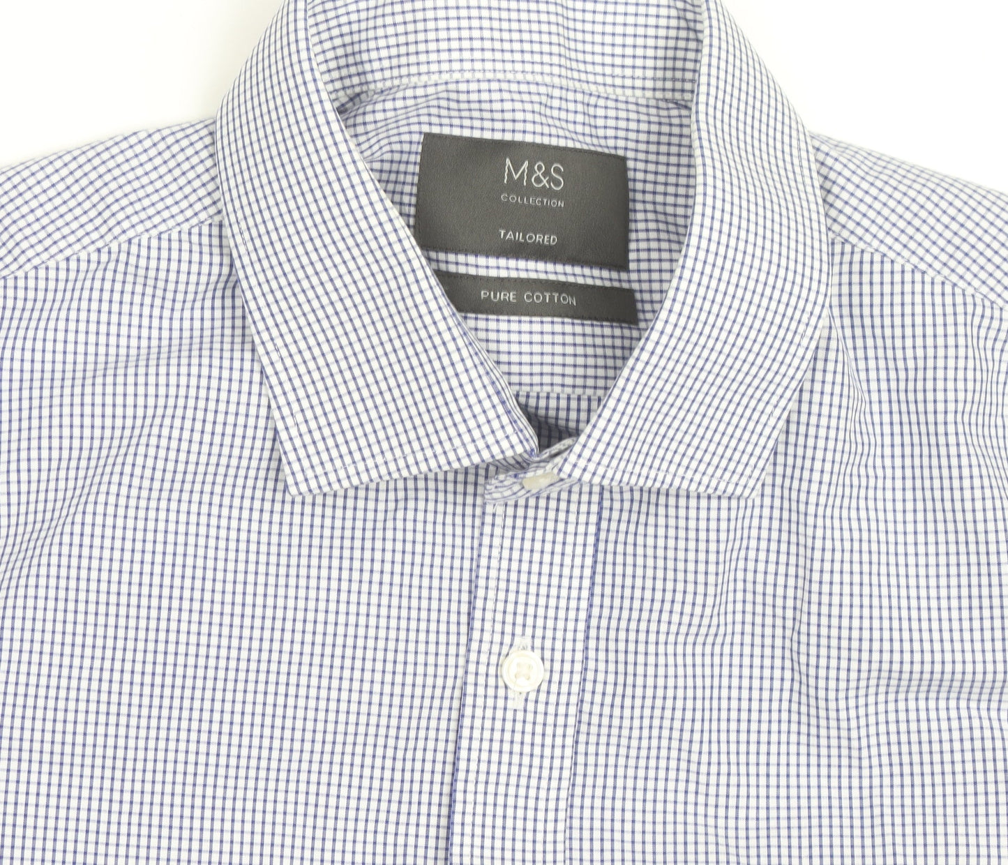 Marks and Spencer Men's Blue Check Tailored Cotton Long Sleeve Shirt M