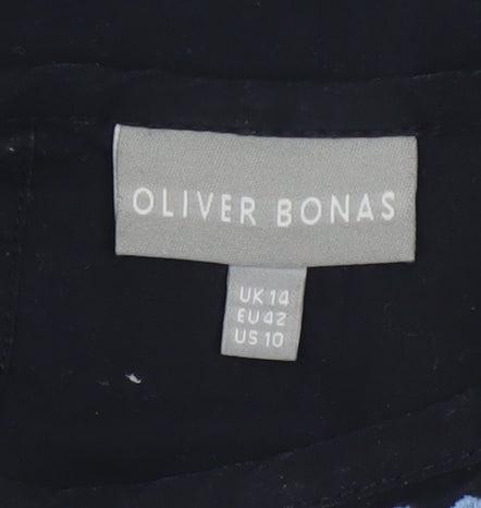 Oliver Bonas Women Black Embroidered 3/4 Sleeve Cotton Tunic Blouse UK14