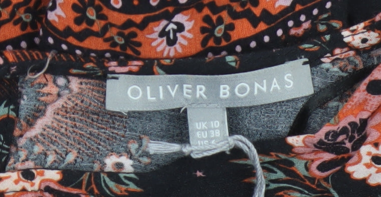 Oliver Bonas Womens Black Floral A-Line Dress Size 10 Long Sleeve