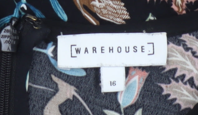 Warehouse Women Black Animal Print A-Line Long Sleeve Dress Size 16