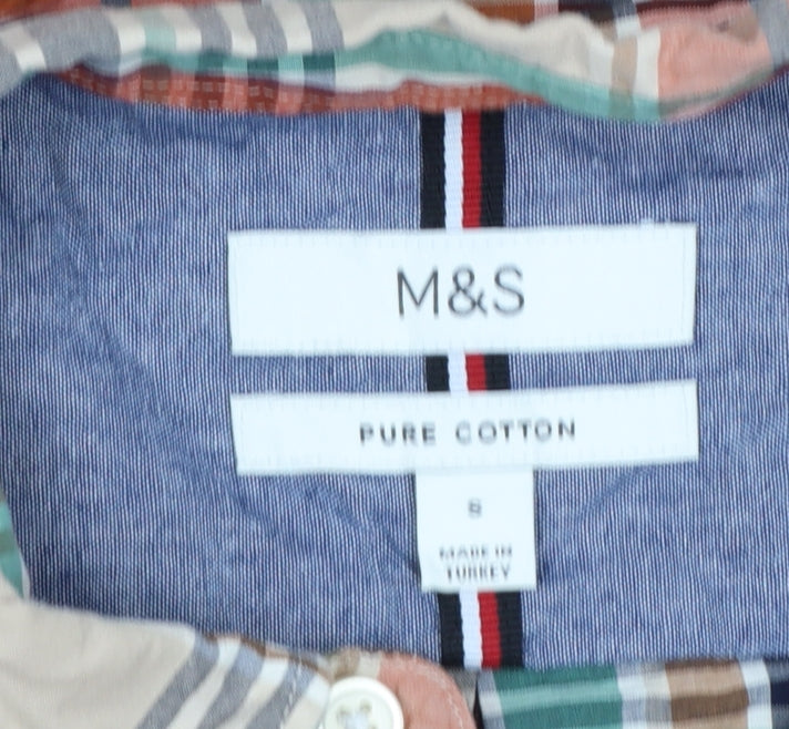 Marks and Spencer Men's Multicoloured Checked Pure Cotton Band Collar Shirt Size S