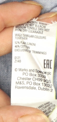 Marks and Spencer Men's Blue Linen Blend Short Sleeve Shirt XL Regular Fit