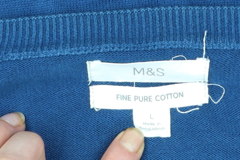 Marks and Spencer Men's Blue Cotton Crew Neck Jumper L