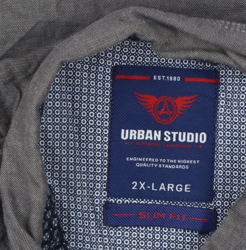 Urban Studio Men's Grey Slim Fit Long Sleeve Button-Up Shirt 2XL