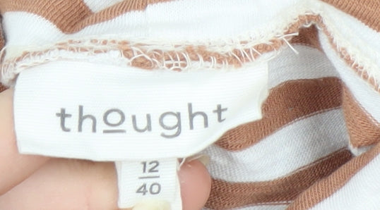 Thought Womens Brown White Striped Roll Neck Long Sleeve Organic Cotton Top Size 12