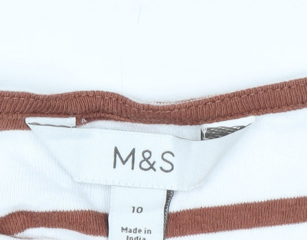 Marks and Spencer Women White Striped Long Sleeve Cotton T-Shirt Size 10