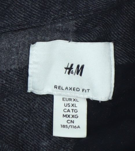H&M Men’s Grey Black Check Cotton Button-Up Shirt XL Relaxed Fit
