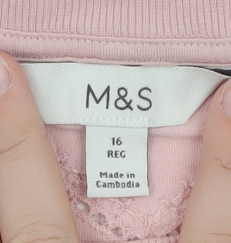 Marks and Spencer Women Pink Size 16 Embroidered Cotton T-Shirt