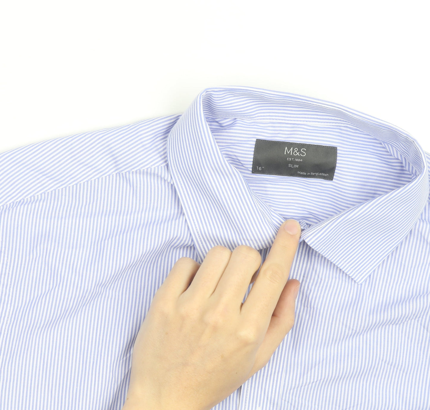 Marks and Spencer Men's Blue Slim Fit Striped Long Sleeve Shirt 16in