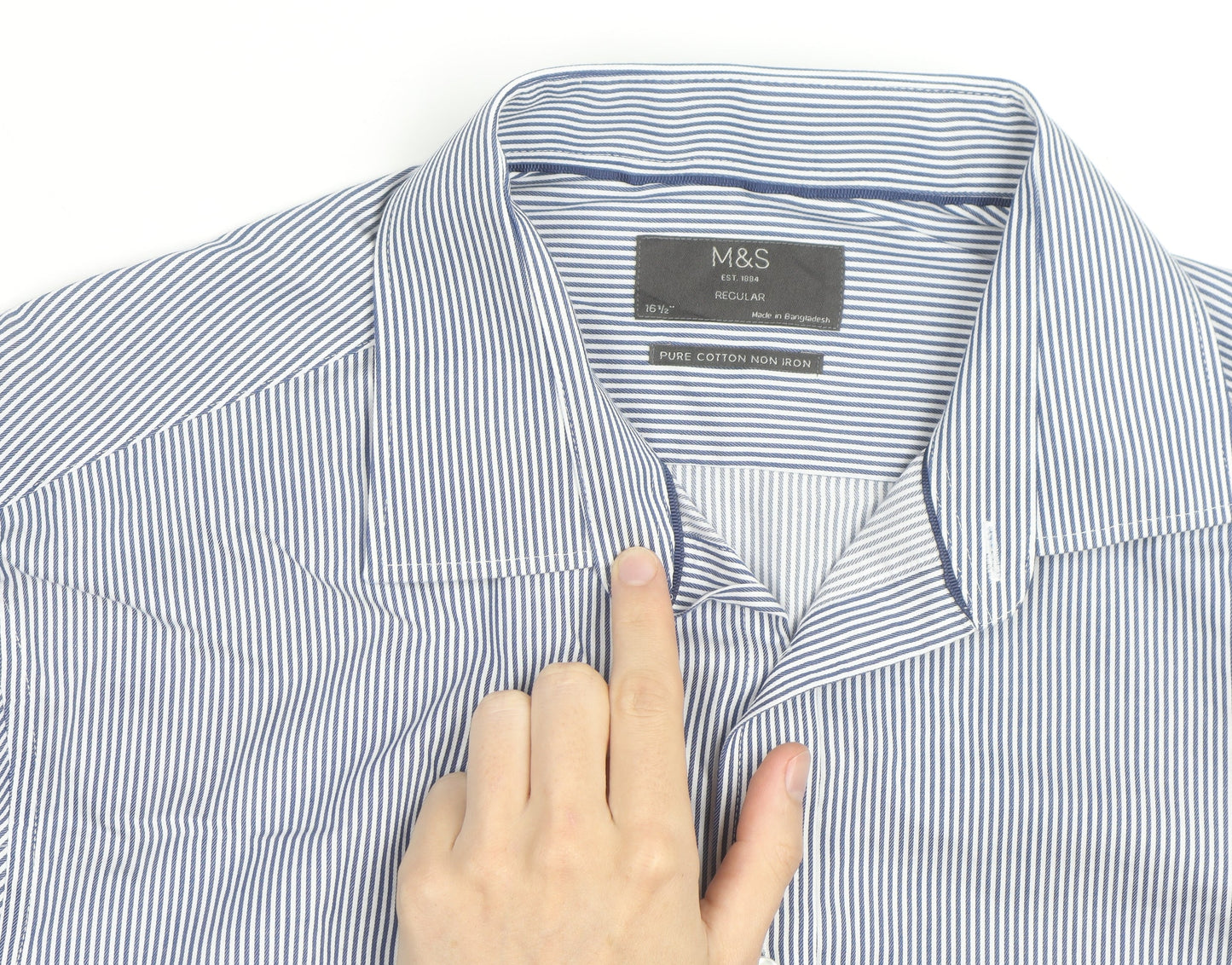 Marks and Spencer Men's Blue Striped Regular Fit Cotton Shirt 16.5in