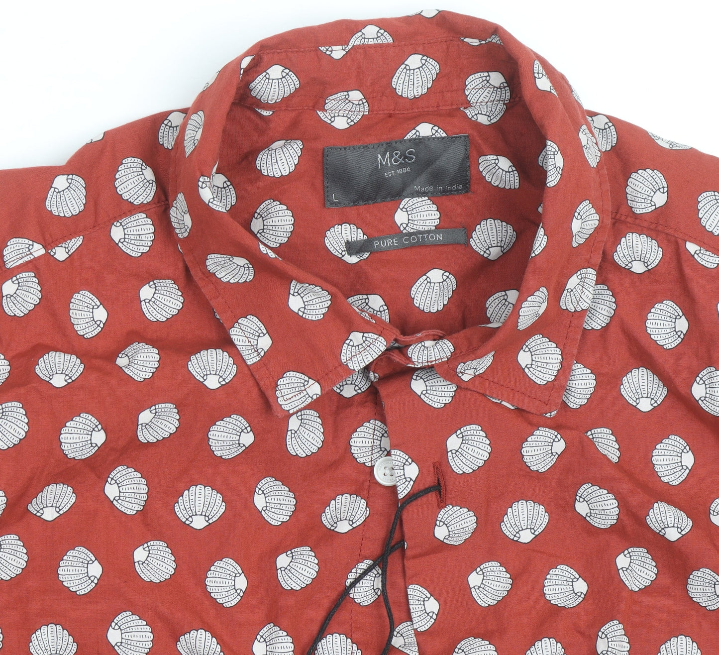 Marks and Spencer Men's Red Shell Print Pure Cotton Short Sleeve Shirt Size L