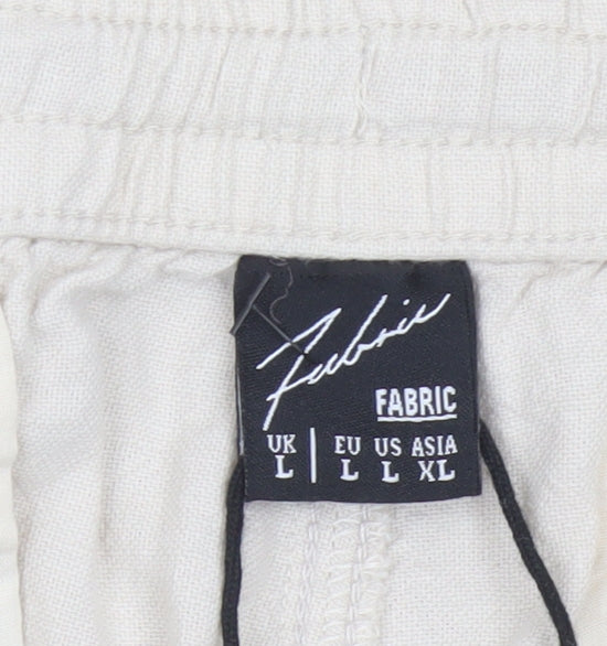 Fabric Beige Cotton Linen Men's L Casual Elastic Waist Trousers