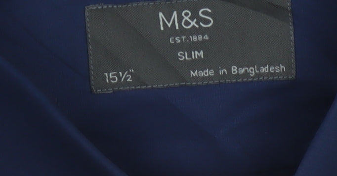 Marks and Spencer Men's Blue Slim Fit Long Sleeve Button-Up Shirt 15.5