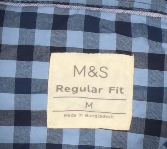 Marks and Spencer Men's Blue Check Regular Fit Cotton Shirt M