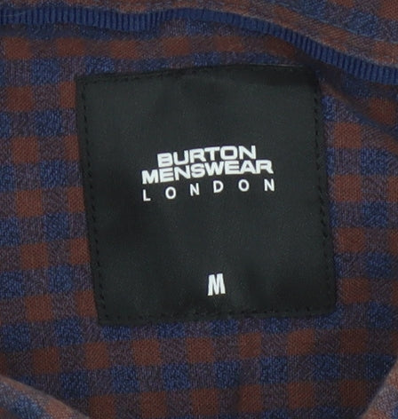Burton Menswear London Men's Blue and Brown Check Long Sleeve Button-Up Shirt Size M