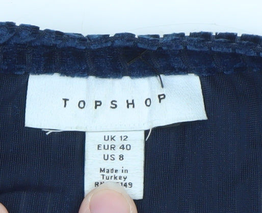Topshop Women's Blue Velvet Cropped Long Sleeve Blouse UK 12