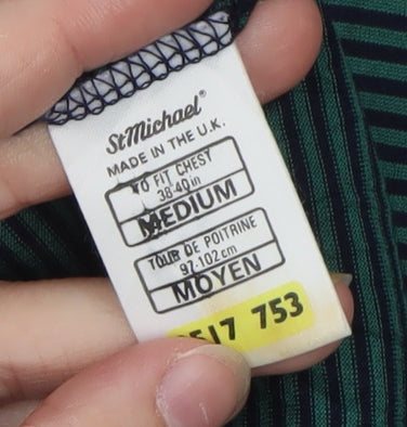 Marks and Spencer St Michael Green Striped Cotton Polo Shirt Men's M