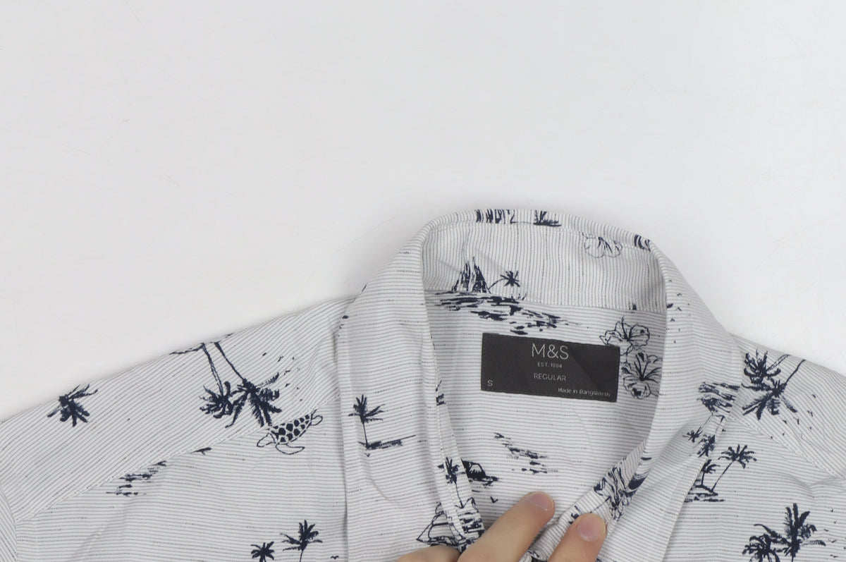 Marks & Spencer Men's White Tropical Print Regular Short Sleeve Shirt Size S