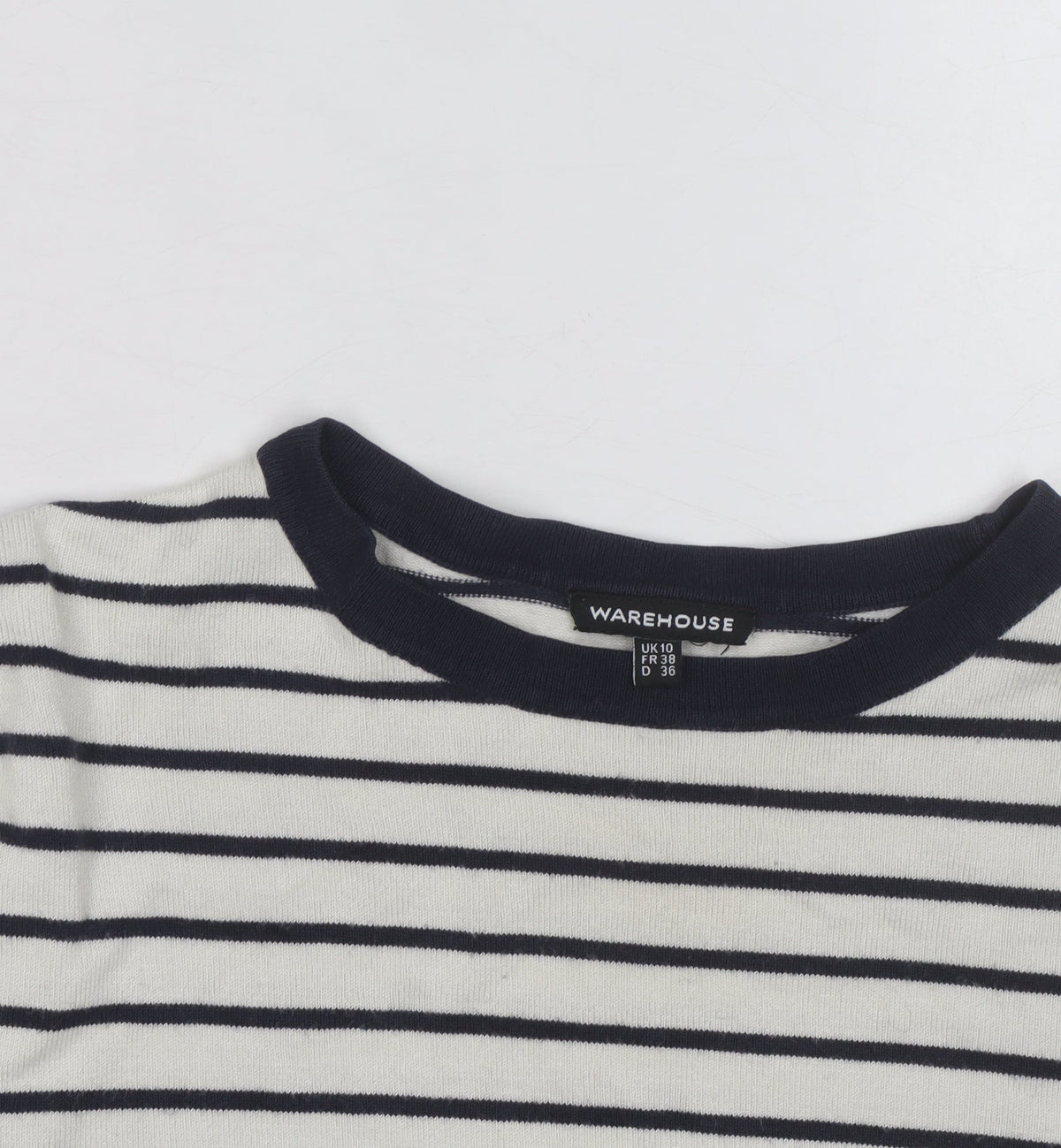 Warehouse Women’s Navy Stripe Crew Neck Jumper UK 10 Cotton Blend Long Sleeve