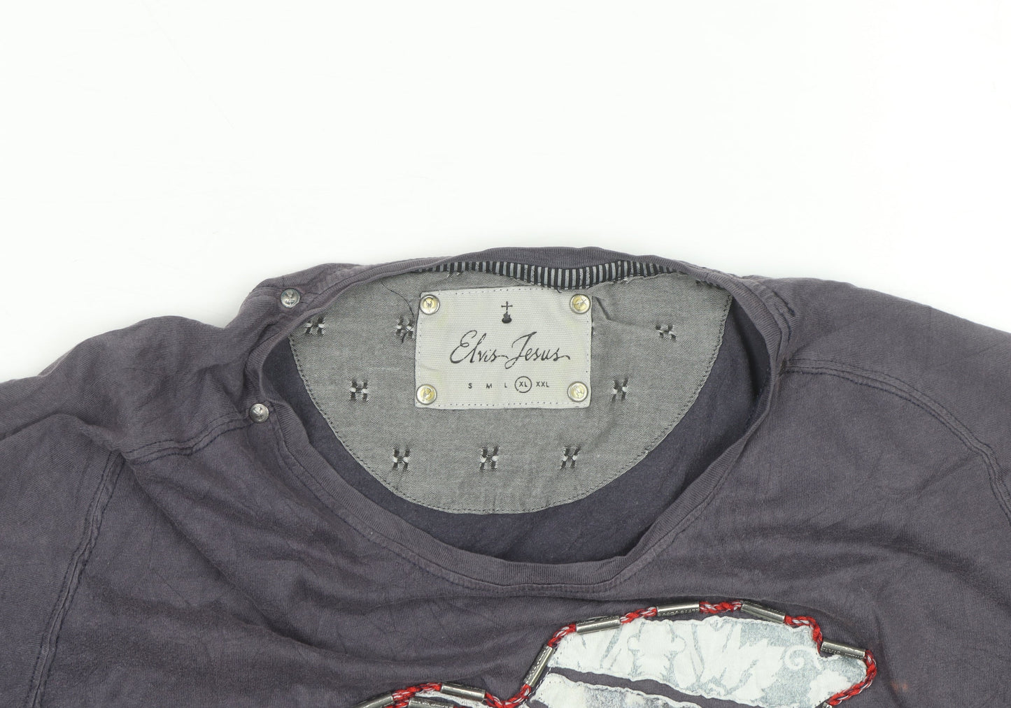 Elvis Jesus Men's Grey XL Graphic Bird Embroidered Cotton T-Shirt