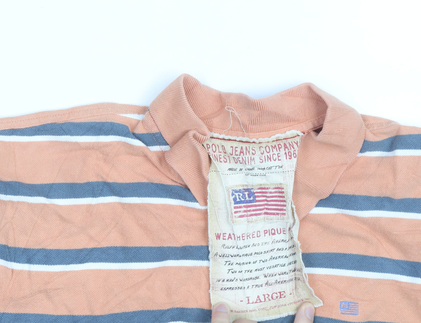 Ralph Lauren Men's Orange Striped Cotton Polo Shirt L