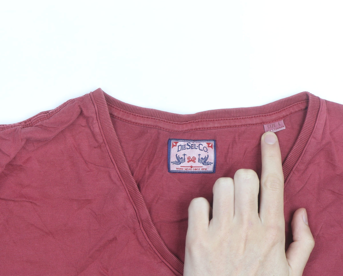 Diesel Women Red V-Neck Cotton Basic T-Shirt Size L