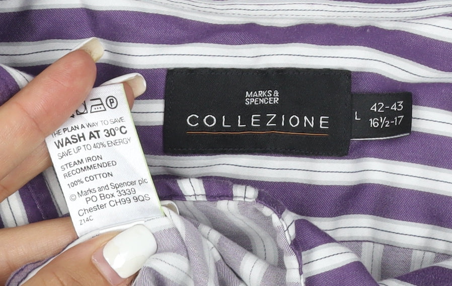 Marks and Spencer Men’s Purple Striped Cotton Long Sleeve Shirt L