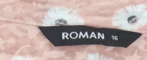 Roman Women’s Pink Floral 3/4 Sleeve V-Neck Tie Hem Blouse Size 16
